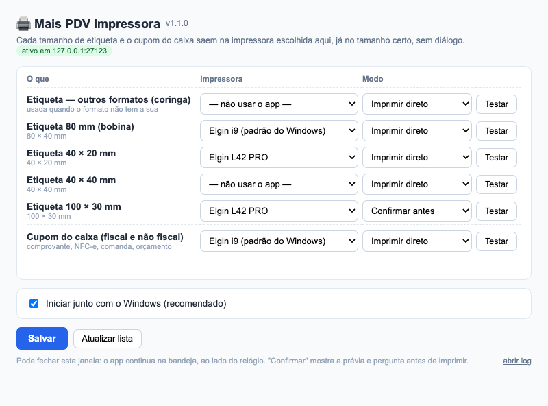 Tela do Mais PDV Impressora: uma linha para cada tamanho de etiqueta e uma para o cupom do caixa, cada uma com a impressora e o modo escolhidos