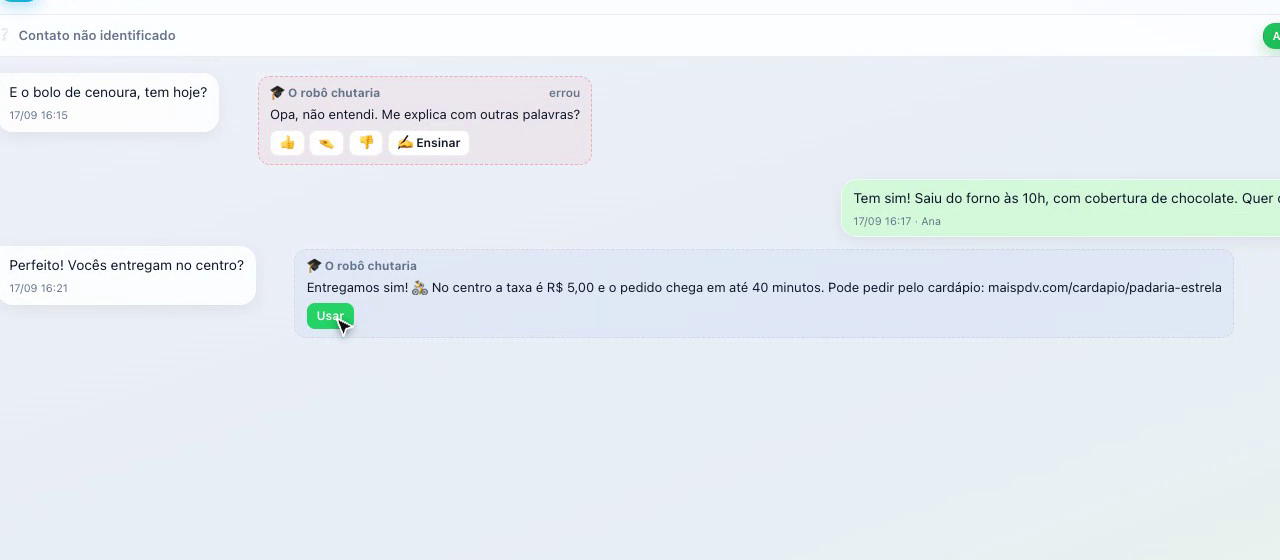 Post-it com o chute do robô embaixo da mensagem do cliente, com os botões Usar, 👍 🤏 👎 e Ensinar